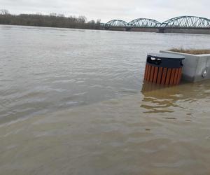 Wysoki stan Wisły w Fordonie. Pod wodą są śmietniki, ławki i donice na bulwarze