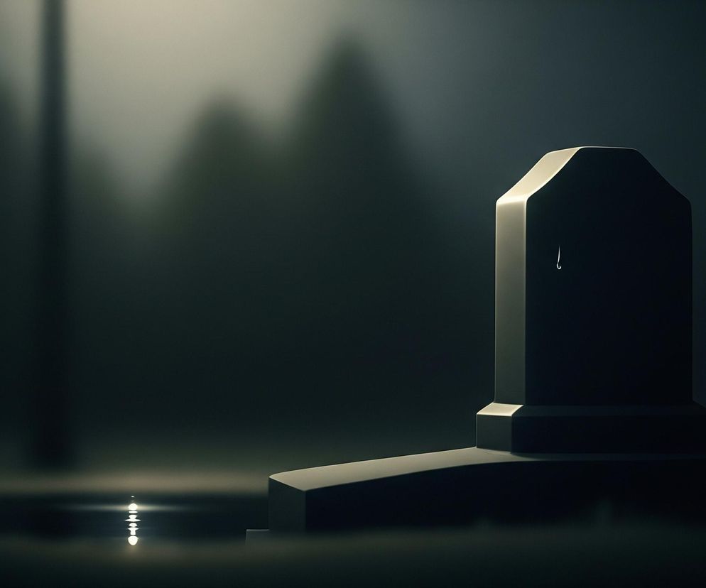 Na ciemnym, lekko ziarnistym tle widoczny jest pionowy, ciemnoszary kamień nagrobny o zaokrąglonych krawędziach, umieszczony po prawej stronie kadru. Kamień stoi na szarej, prostokątnej podstawie, od której w lewo rozciąga się płaski, długi element, niemal dotykający niewielkiego skupiska jasnego światła odbijającego się w wodzie lub wilgotnej powierzchni. Po lewej stronie, w tle, znajduje się rozmyta pionowa smuga światła, a dalej w oddali majaczą niewyraźne, ciemne kształty przypominające drzewa lub wzgórza pod jasnym niebem.