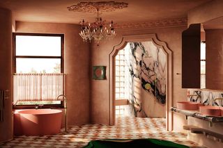 Minimalizm mnie nie inspiruje. Koralowa łazienka  na styku kultur: włoski manieryzm, art déco i inspiracje Hiszpanią