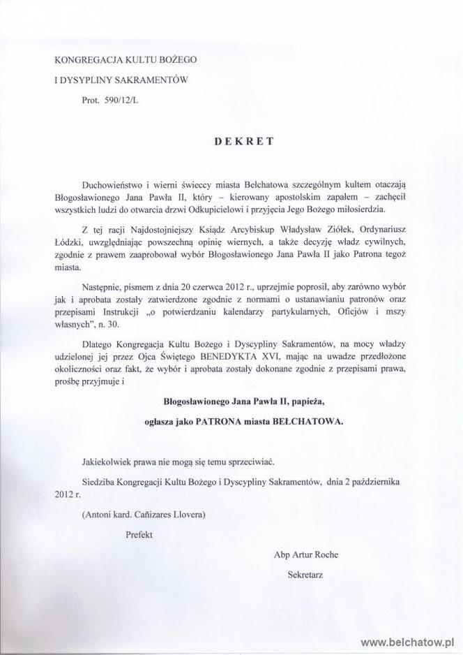 Papież – Polak staje się patronem Bełchatowa