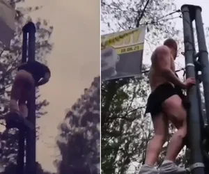 Półnagi mężczyzna świecił pośladkami stojąc na słupie! Dantejskie sceny podczas starcia kibiców