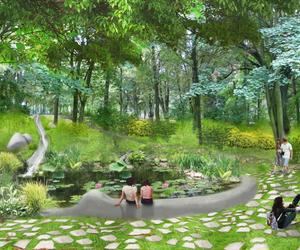 Park Tysiąclecia w Zielonej Górze – sadzawka z organicznie ukształtowanym siedziskiem. Projekt rewitalizacji parku: pracownia architektoniczna BudCud
