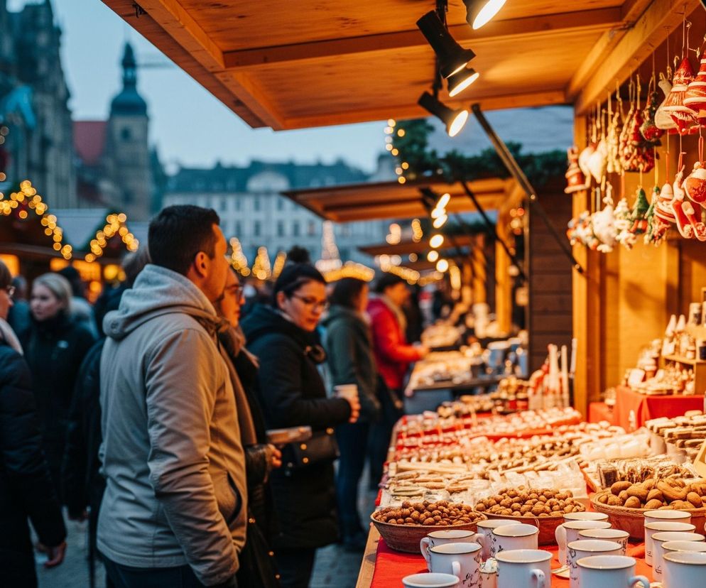 Ujęcie ukazuje jarmark świąteczny o zmierzchu. Po prawej stronie widać stragan z jasnymi drewnianymi elementami, podświetlony lampami punktowymi, oferujący świąteczne ozdoby w kształcie dzwonków, Mikołajów i bombek wiszące na sznurkach. Na stole, pokrytym czerwonym obrusem, ustawione są misy z orzechami i słodkościami, a także szereg jasnych kubków z ciemnymi wzorami. Po lewej stronie w głębi widać zarys kolejnych straganów udekorowanych girlandami z ciepłym światłem, a także niewyraźne sylwetki ludzi, którzy oglądają towary lub przemieszczają się pomiędzy stoiskami. W tle, pod pochmurnym niebem, rysują się kontury zabytkowych budynków miejskich oraz wieża kościelna.
