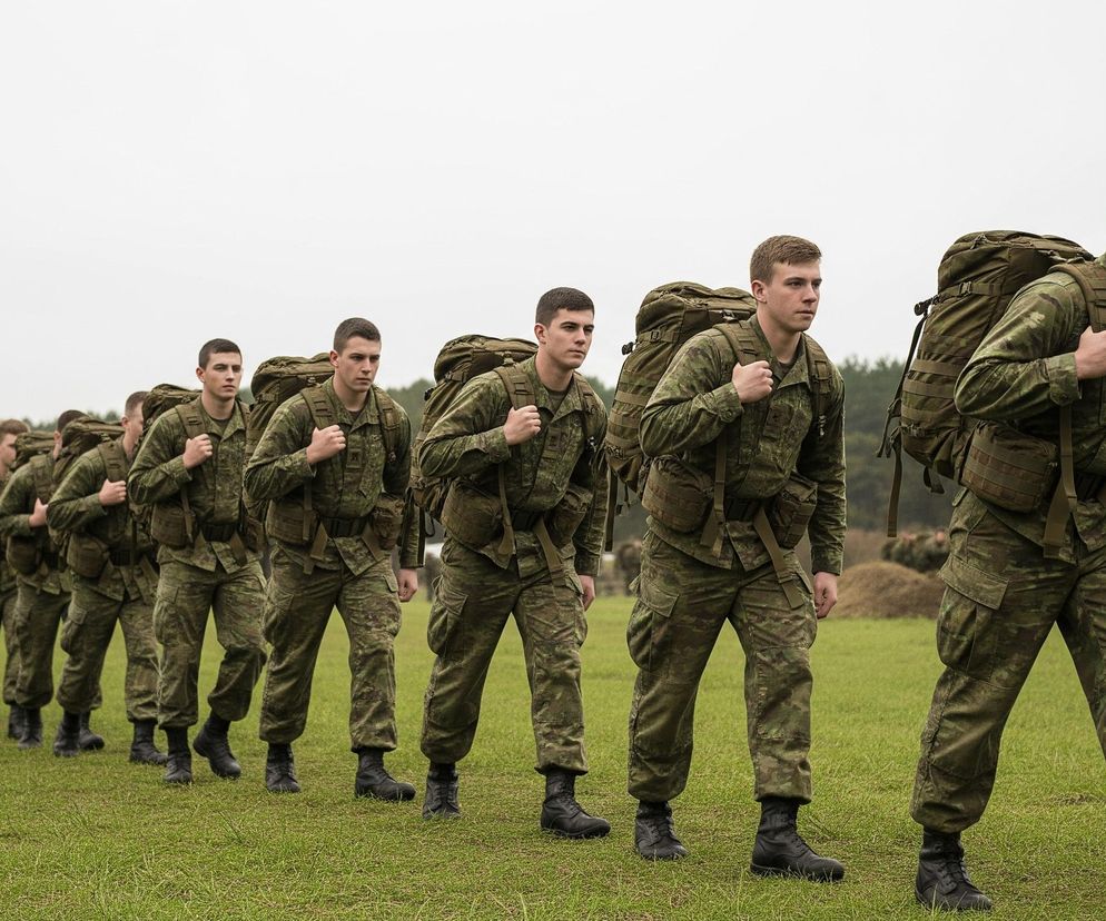 Sznur młodych mężczyzn w wojskowych mundurach maskujących i z dużymi plecakami maszeruje przez trawiaste pole w kierunku prawego dolnego rogu zdjęcia. Pierwszych kilku mężczyzn z przodu jest wyraźnie widocznych, ich twarze są zwrócone lekko w prawo, a wyraz ich oczu świadczy o skupieniu. W tle rozciąga się rzadka linia drzew i krzewów, a nad nimi widać jasne, zachmurzone niebo.