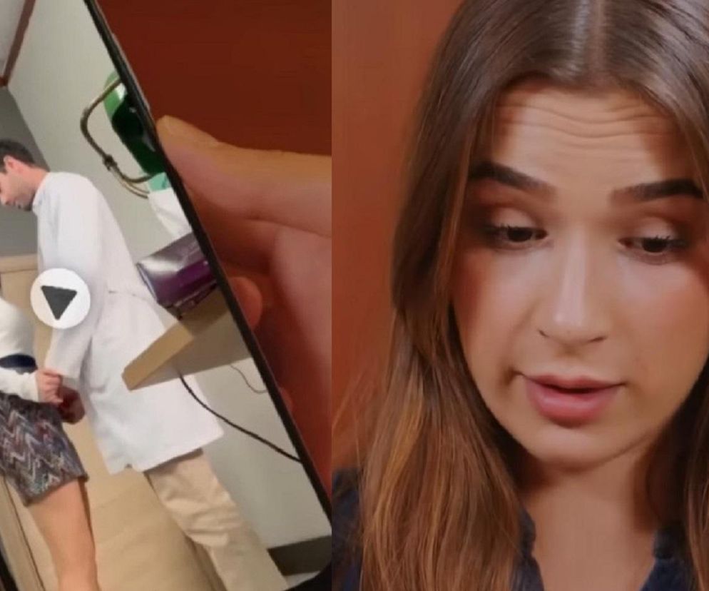 Młoda kobieta o jasnobrązowych włosach patrzy w dół z zaskoczeniem, obok dłoni trzymającej smartfon wyświetlający filmik, na którym mężczyzna w lekarskim kitlu rozmawia z kobietą w białej bluzce i spódnicy. To kluczowa scena z serialu Miłość i nadzieja, a więcej o tym przeczytasz na Super Seriale.