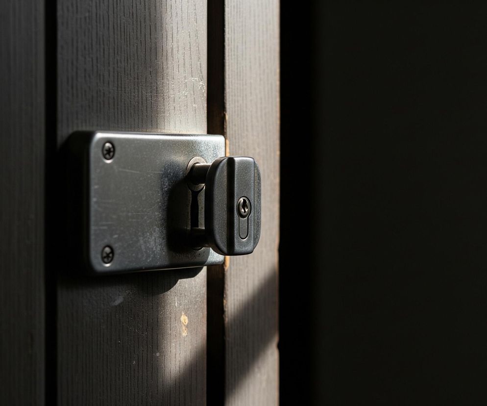 Srebrzysty zamek z czarną wkładką i kluczem umieszczony jest na drewnianych, ciemnych drzwiach. Na lewej części drzwi widać wyraźne pionowe słoje drewna oraz jaśniejszy pasek światła padający skośnie, oświetlający powierzchnię. Prawa strona obrazu to głęboki, jednolity cień.