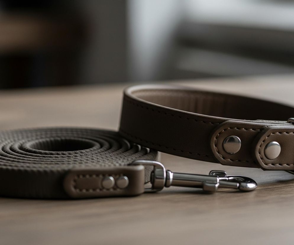 Na drewnianym, jasnobrązowym blacie leży obroża i smycz dla zwierzęcia, wykonane z materiału w kolorze taupe. Obroża, umieszczona po prawej stronie, jest częściowo zapięta, ukazując metalową sprzączkę i dwa srebrne nity. Smycz, zwinięta w okrąg, leży po lewej stronie, a jej koniec z metalowym karabińczykiem skierowany jest w stronę obroży. Tło jest rozmyte, ukazując jasne, niewyraźne kształty.