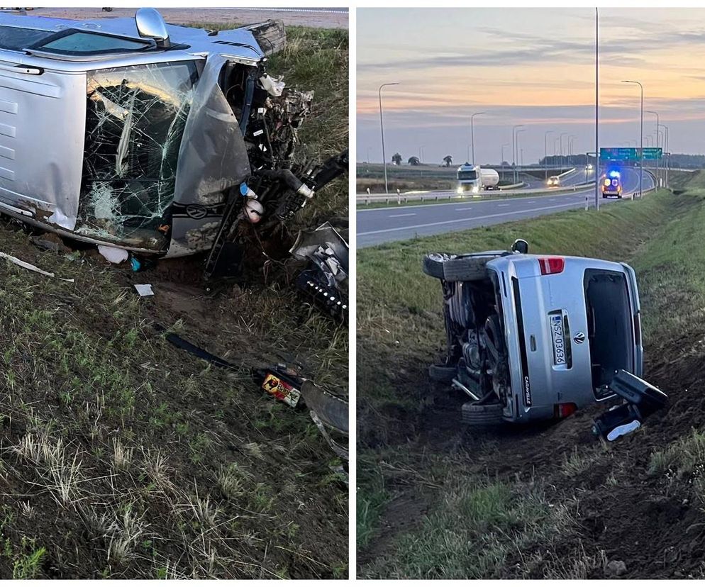 Wypadek na ekspresówce w Podlaskiem. Bus z dziećmi wypadł z drogi