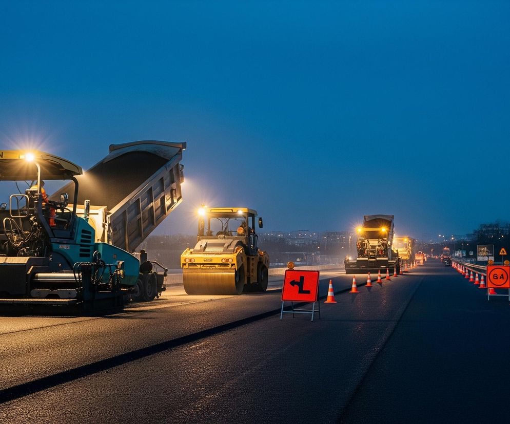 Prace drogowe prowadzone o zmierzchu lub w nocy. Głównym obiektem jest rozściełacz asfaltu z napisem CASGN na daszku, który przetwarza masę bitumiczną wyładowywaną z wywrotki jadącej bezpośrednio przed nim. Za rozściełaczem, po prawej stronie kadru, widać żółty walec drogowy z włączonymi światłami, a w tle dalsze maszyny budowlane oświetlające drogę. Nowo ułożona, czarna nawierzchnia asfaltowa odbija światło, tworząc lśniące pasy, a po prawej stronie, wzdłuż nowej drogi, ustawione są pomarańczowe pachołki i znaki drogowe kierujące ruch.