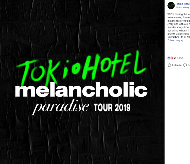 Tokio Hotel trasa Melancholic Paradise Tour 2019