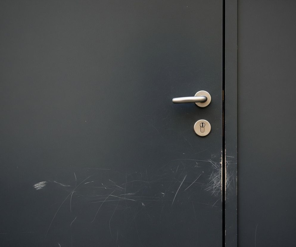 Ciemnoszare, matowe drzwi zajmują większość kadru, a po prawej stronie widać fragment ciemniejszej, pionowej futryny lub przylegającej ściany. Na drzwiach, około w połowie wysokości i odległości od prawej krawędzi, umieszczona jest pozioma, srebrna klamka, a bezpośrednio pod nią znajduje się okrągła, srebrna wkładka zamka. Poniżej klamki i zamka oraz w lewej części drzwi widać liczne, nieregularne, jasne rysy i zadrapania. Lewa krawędź drzwi jest częściowo zasłonięta przez ciemną metalową zawiasę.