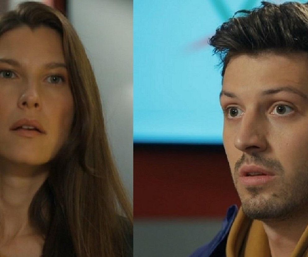 Regina (Kamila Kamińska) i Justin (Jasper Sołtysiewicz) z serialu „Barwy szczęścia”, patrzący na siebie z zaskoczeniem i zażenowaniem. Ich niezaplanowane spotkanie po rozstaniu, o którym więcej przeczytasz na portalu Super Seriale, jest pełne emocji.