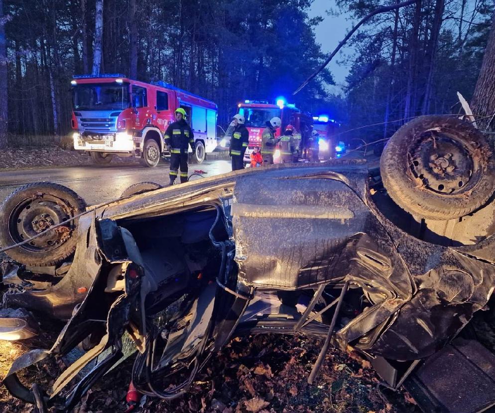 Makabra pod Lipskiem. Renault dachował i roztrzaskał się na drzewie