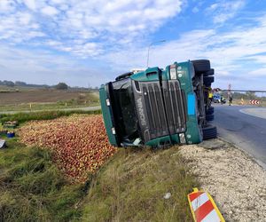 Przewrócona ciężarówka zablokowała rondo. 30 ton jabłek na drodze