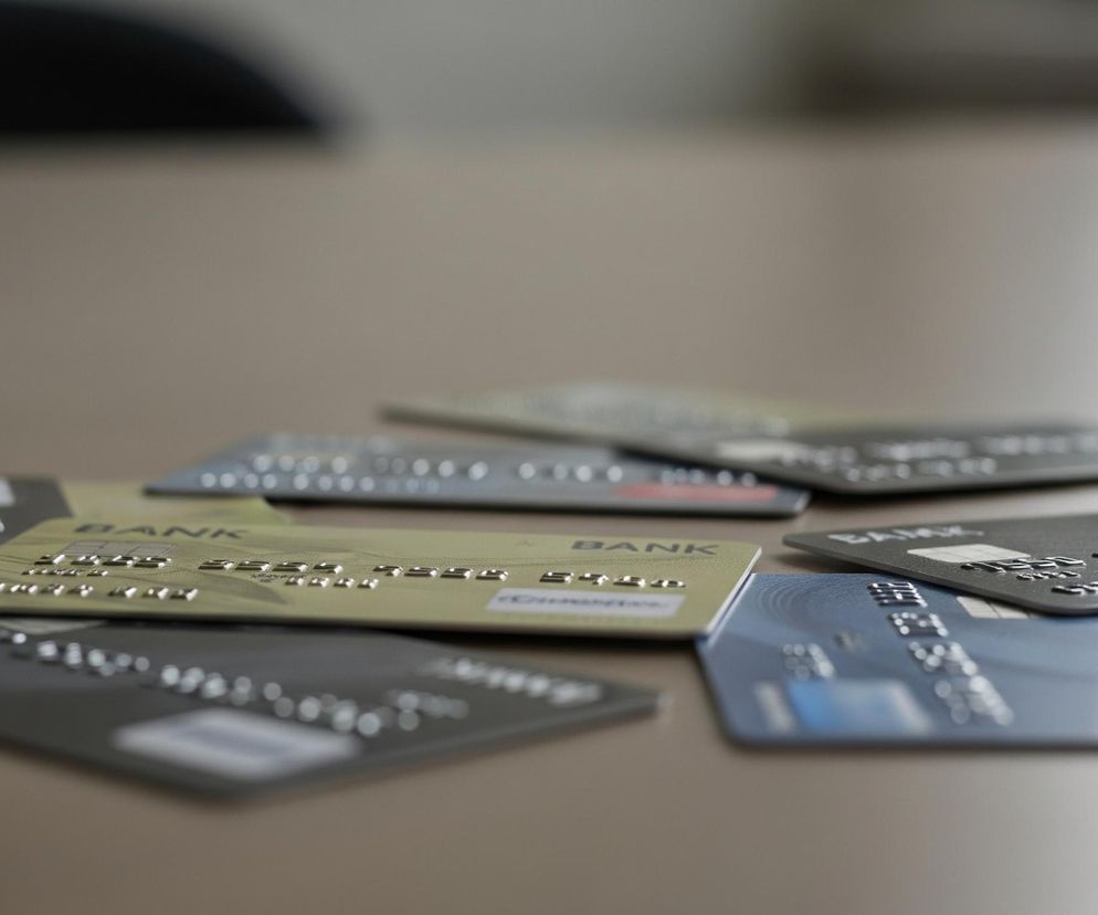 Na beżowej powierzchni leży rozrzuconych osiem kart płatniczych w różnych kolorach. Większość kart jest czarna, z jedną złotą i jedną niebieską kartą wyraźnie widocznymi na pierwszym planie po lewej i prawej stronie. Na kartach widoczne są wypukłe numery i napisy, a także chipy elektroniczne, z których większość jest rozmyta z powodu płytkiej głębi ostrości. Tło jest rozmyte, utrzymane w odcieniach szarości i beżu.