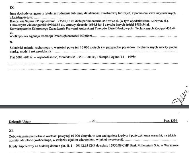 Fragment oświadczenia majątkowego