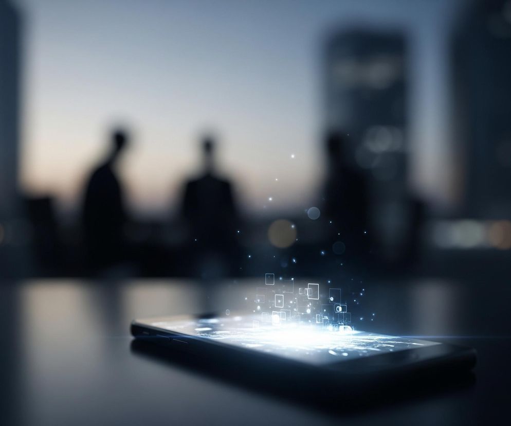 Smartfon leży na ciemnej powierzchni w dolnej części kadru, z ekranem skierowanym ku górze, emitującym intensywne, niebiesko-białe światło. Z ekranu w górę unosi się rój świecących, geometrycznych kształtów, głównie kwadratów i prostokątów, otoczonych drobnymi, jasnymi punktami, symbolizującymi dane lub informacje. Tło jest rozmyte, ukazując niewyraźne sylwetki trzech osób oraz zarysy wysokich budynków z pojedynczymi rozświetlonymi oknami, co sugeruje nocne lub wieczorne otoczenie miejskie.