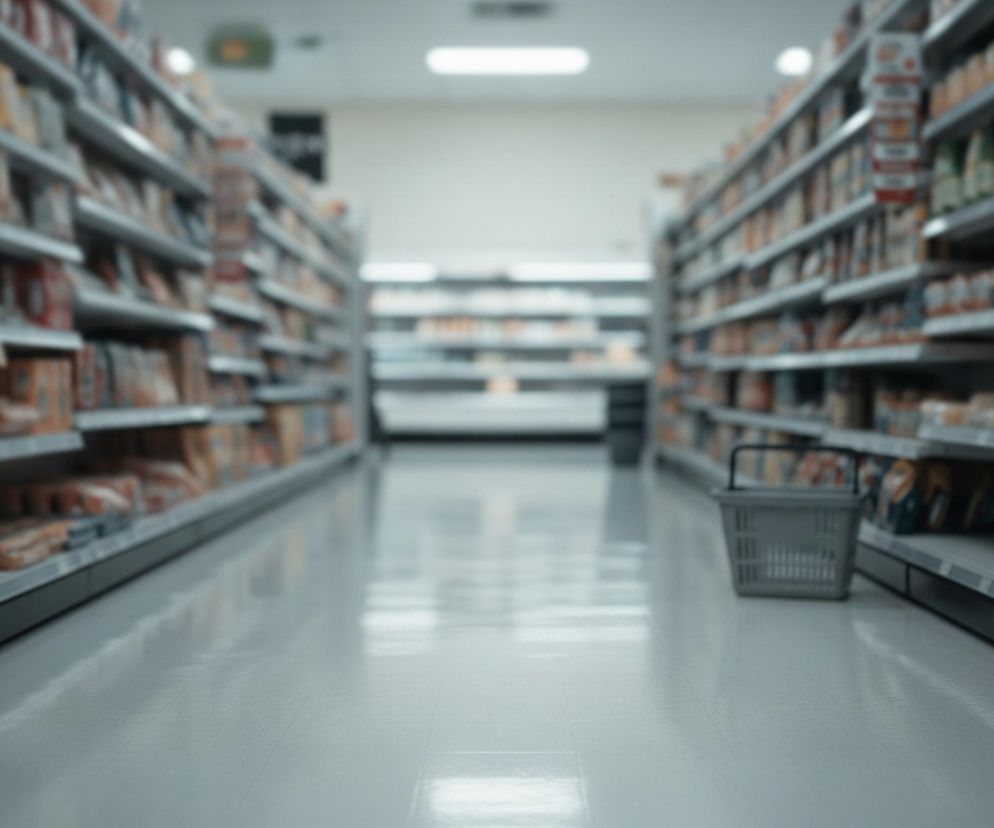 Długie, szare regały supermarketu, wypełnione kolorowymi, niewyraźnymi produktami, rozciągają się w głąb obrazu po obu stronach. Pomiędzy nimi znajduje się jasne, lśniące podłoże, odbijające światło sufitowe, które tworzy długą perspektywę korytarza. Po prawej stronie, w połowie długości regału, stoi szary, pusty koszyk na zakupy. Cały obraz jest lekko rozmyty, z wyjątkiem podłogi w pierwszym planie.