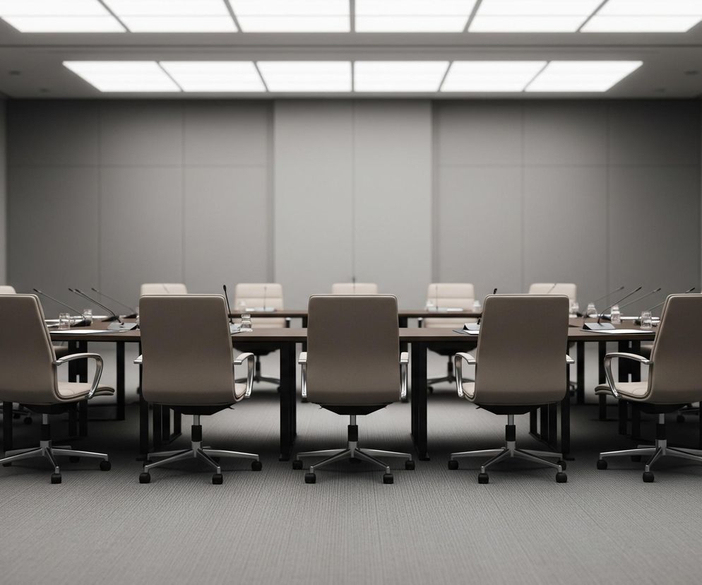 Duży stół konferencyjny w kształcie owalnym, wykonany z ciemnego drewna, dominuje centralną część pomieszczenia. Dookoła stołu równomiernie rozmieszczono beżowe krzesła biurowe z obrotowymi podstawami i kółkami, posiadające tapicerowane siedziska i oparcia, a także srebrne, metalowe podłokietniki. Na stole widoczne są szklanki i małe mikrofony, a podłoga pokryta jest szarym dywanem. Pomieszczenie ma szare ściany i biały sufit z długimi, prostokątnymi panelami oświetleniowymi.