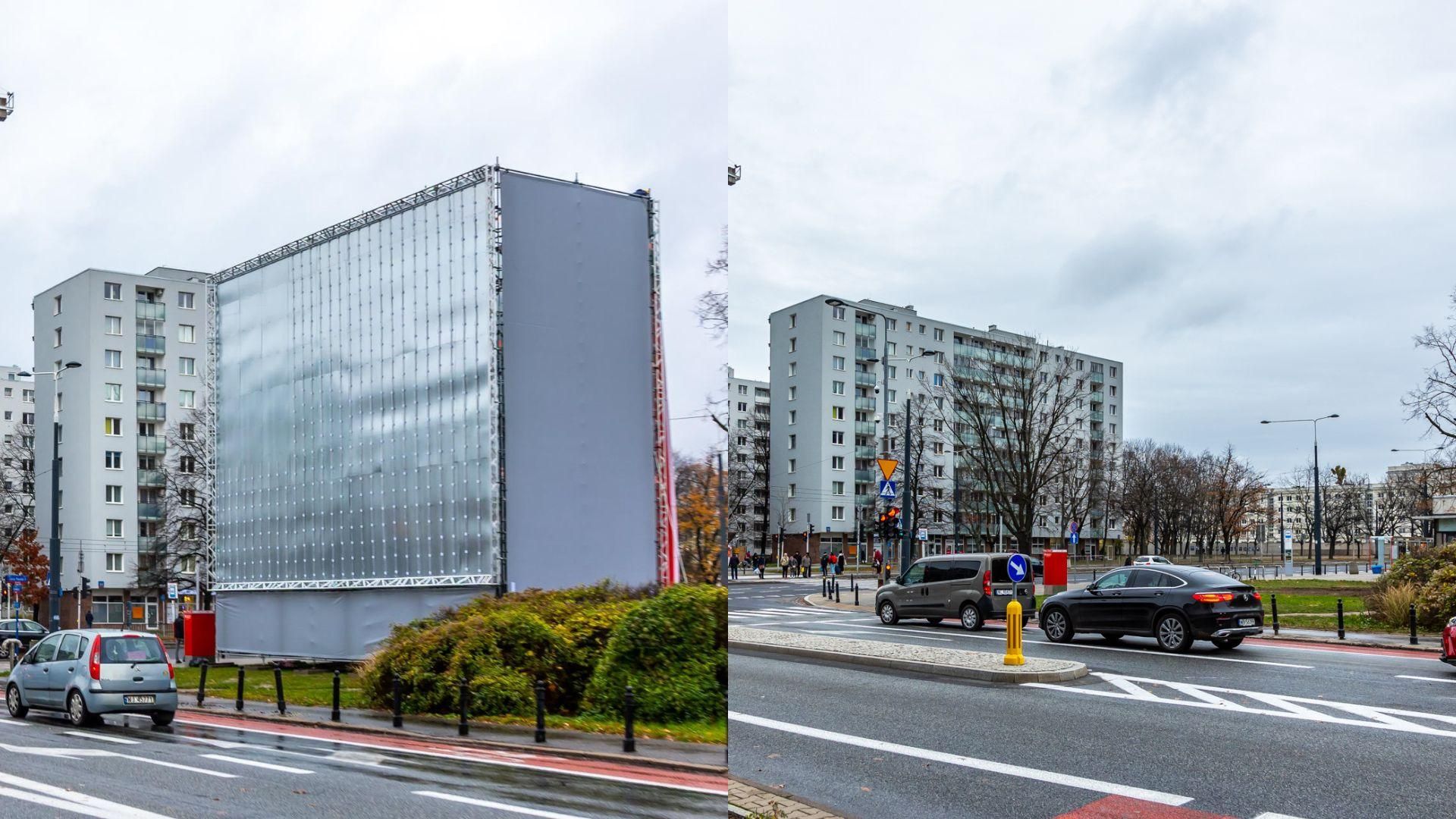 Demontaż stelażu reklamowego na rogu ul. Anielewicza i Al. Jana Pawła II w Warszawie