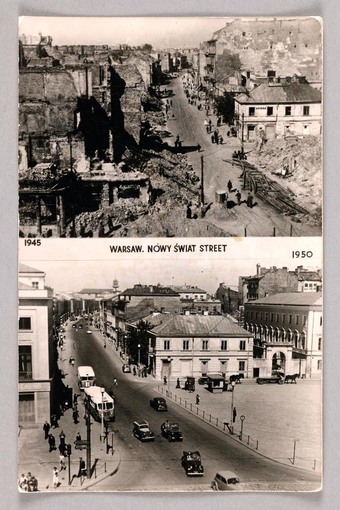 Pocztówka, ul. Nowy Świat w 1945 i 1950 roku