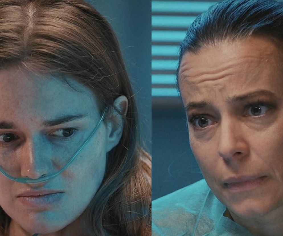 Zestawienie dwóch zdjęć: Franka (Dominika Kachlik) w szpitalu z rurką tlenową w nosie, zmartwiona, oraz Magda (Anna Mucha) w medycznym stroju, również z zatroskaną miną. Obie kobiety w serialu M jak miłość rozmawiają o strachu Franki przed śmiercią i utratą syna, o czym przeczytasz na Super Seriale.