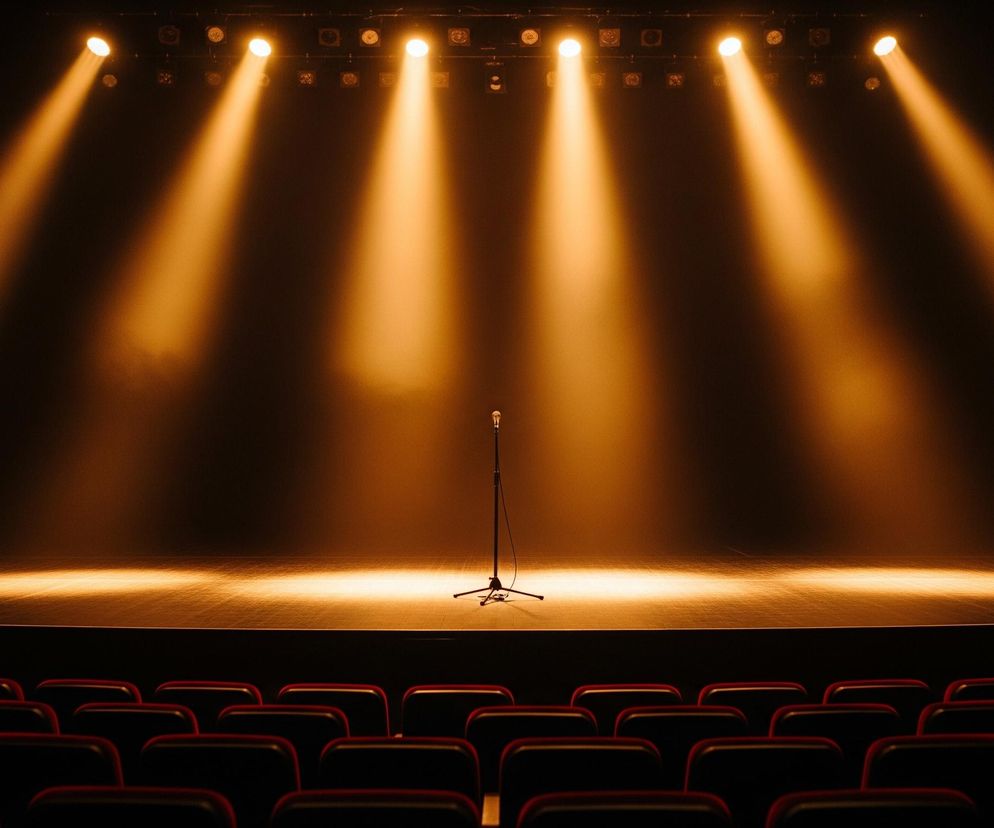 Ciemna scena teatralna z pięcioma jasnymi, ciepłymi, żółto-pomarańczowymi snopami światła skierowanymi na drewnianą podłogę. Na środku sceny stoi pojedynczy mikrofon na czarnym statywie. Górna część zdjęcia jest zdominowana przez te jasne światła i ciemne belki konstrukcyjne, na których są zamontowane, podczas gdy dolna część ukazuje rzędy czerwonych foteli teatralnych, widocznych z perspektywy widza. Po prawej i lewej stronie sceny widać części ciemnoczerwonych, pofałdowanych kurtyn.