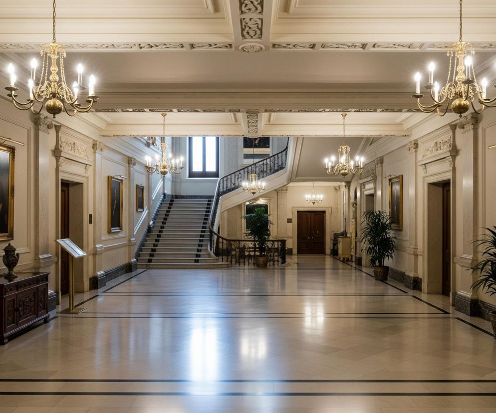 Długi, przestronny korytarz w klasycznym stylu wypełnia centrum obrazu, z marmurową posadzką w odcieniach bieli i szarości, podkreśloną ciemnymi pasami. Pośrodku, na końcu korytarza, wznoszą się szerokie schody prowadzące na piętro, otoczone ozdobną, metalową balustradą. Po obu stronach korytarza, kremowe ściany zdobią liczne obrazy w złotych ramach oraz pilastry z bogato rzeźbionymi kapitelami. Całość oświetlają wiszące z sufitu złote żyrandole z wielu ramionami, a na suficie widoczne są ozdobne, sztukateryjne detale.