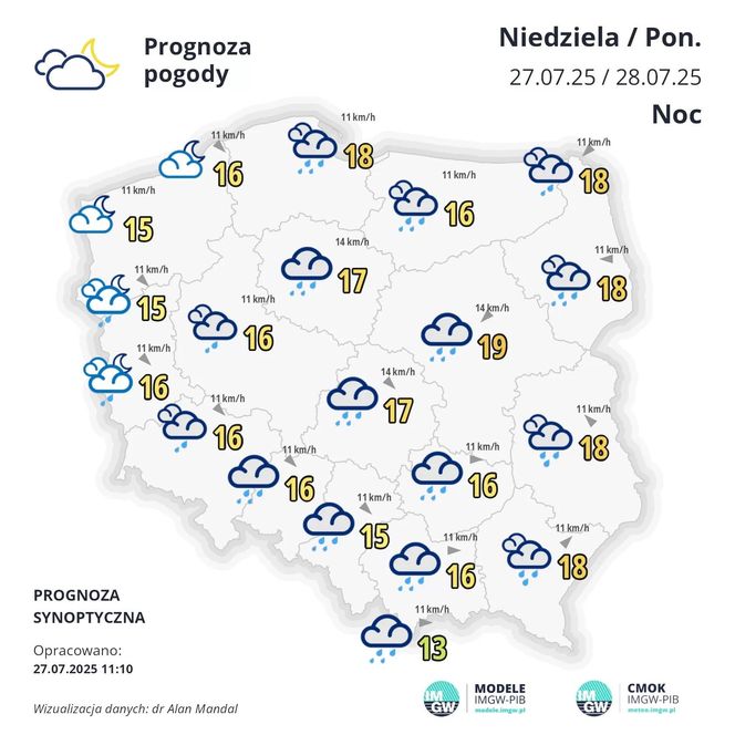 Prognoza IMGW na noc z niedzieli na poniedziałek, 27/28 lipca