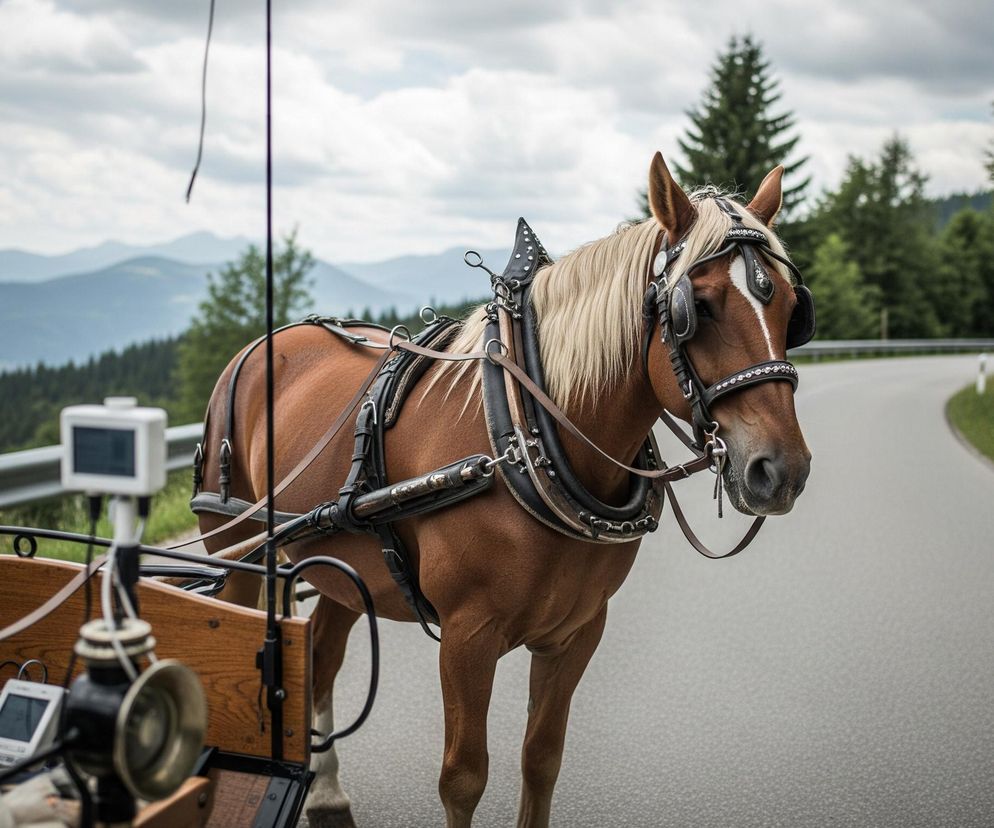 Brązowy koń, z jasną, prawie białą grzywą i ogonem, stoi na asfaltowej drodze, zwrócony w prawą stronę. Na głowie ma ciemnobrązowy uzdę z ozdobnymi, błyszczącymi elementami, a na ciele skórzane szory w ciemnych odcieniach, z metalowymi kółkami i sprzączkami, które łączą go z niewidocznym wózkiem. W tle rozciąga się pagórkowaty krajobraz z ciemnozielonymi drzewami, a na horyzoncie widoczne są góry w odcieniach błękitu i szarości pod zachmurzonym niebem. Po lewej stronie widać fragment drewnianego wózka z metalowymi elementami i kilkoma urządzeniami elektronicznymi.