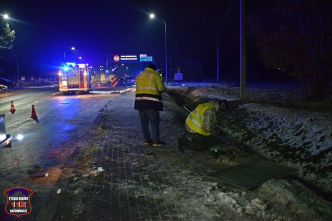 Tychy: Kompletnie pijany kierowca BMW skosił znaki drogowe i latarnię, a potem dachował