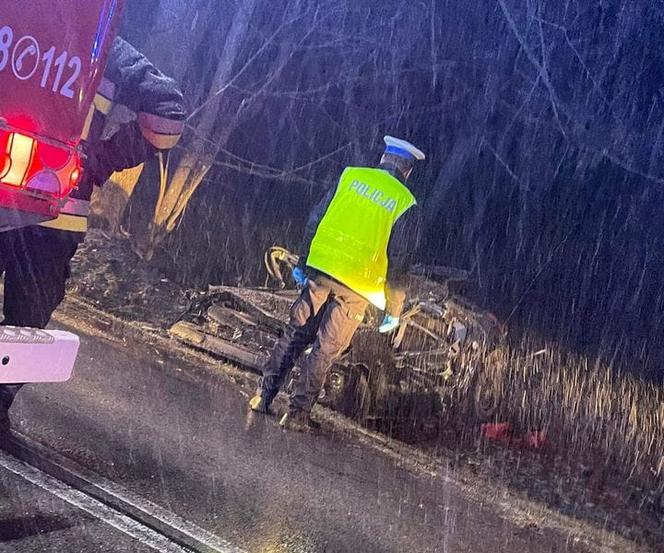 Makabra pod Lipskiem. Renault dachował i roztrzaskał się na drzewie