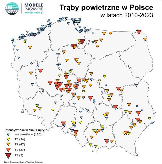 Trąby powietrzne w Polsce w latach 2010-2023. Mapa IMGW