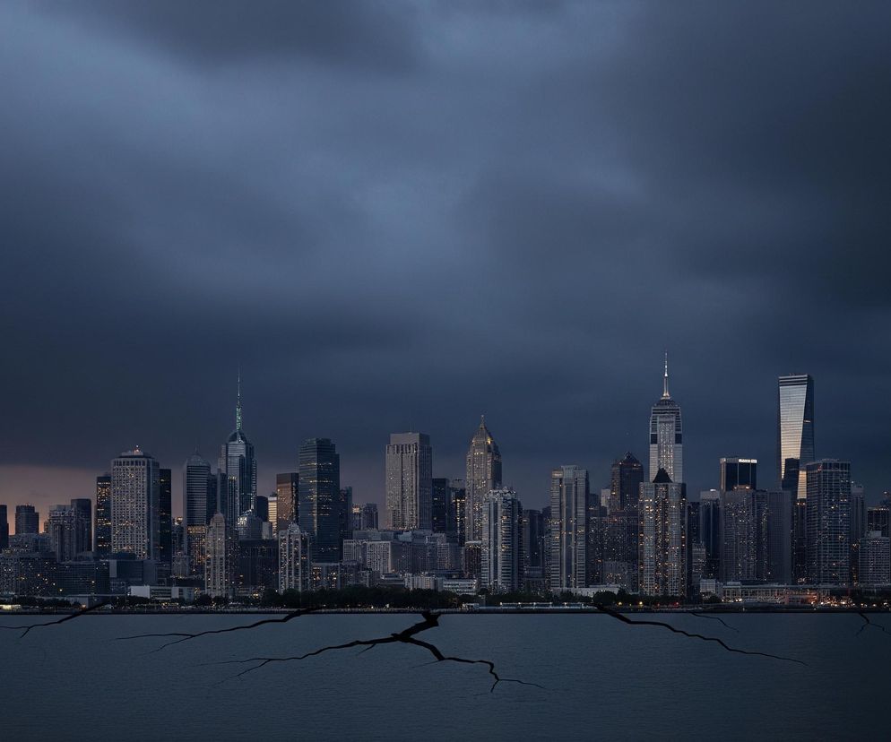 Panorama miasta z wysokimi budynkami dominuje środkową część obrazu, na tle ciemnego, zachmurzonego nieba. Wiele okien w wieżowcach świeci żółtym światłem, kontrastując z ponurą atmosferą. Na pierwszym planie rozciąga się ciemna woda, która wydaje się popękana licznymi, nieregularnymi szczelinami rozchodzącymi się od centralnego punktu ku brzegom, tworząc efekt pękniętej tafli.