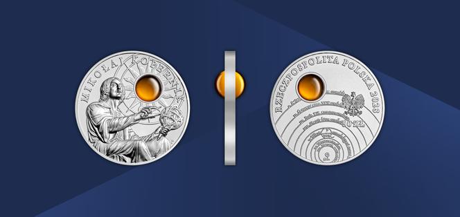 Mikołaj Kopernik na banknocie kolekcjonerskim NBP oraz srebrnej monecie z bursztynem