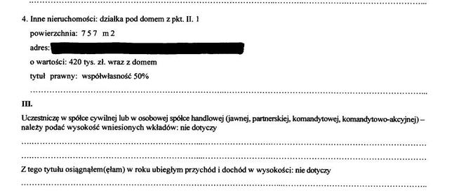 Fragment oświadczenia majątkowego