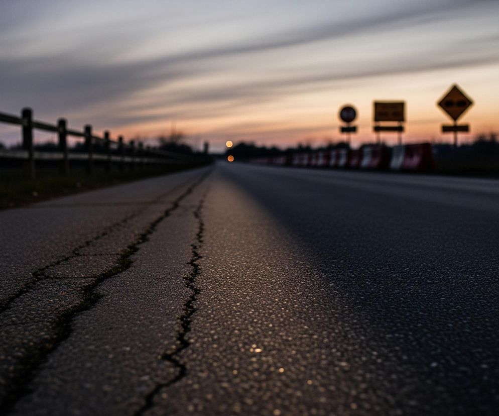 Na pierwszym planie widoczna jest asfaltowa droga z wyraźnymi pęknięciami, zwłaszcza po lewej stronie, prowadząca w dal i rozjaśniona delikatnym światłem po prawej stronie. Po lewej stronie drogi biegnie drewniane ogrodzenie, a za nim rozciąga się ciemny pas terenu. Po prawej stronie drogi, w oddali, znajdują się niewyraźne, żółte znaki drogowe oraz rząd biało-czerwonych barier. Niebo na horyzoncie przybiera barwy pomarańczowe i fioletowe, przechodzące w szarość ku górze obrazu, z kilkoma rozmazanymi chmurami.