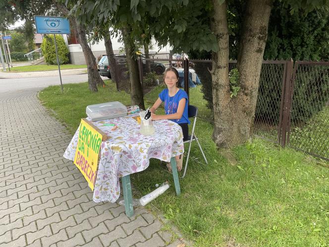 Przy ul. Paderewskiego w Nowym Sączu Weronika sprzedaje babeczki i lemoniadę 