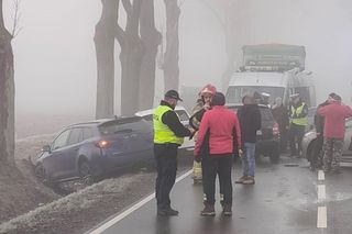 Karambol na drodze do Mławy. Fragmenty roztrzaskanych aut powpadały do rowów. „Na miejscu pracują służby”