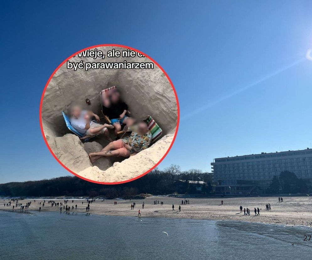 Popularne nagranie z Kołobrzegu. Mężczyźni siedzieli w dziurze z piasku