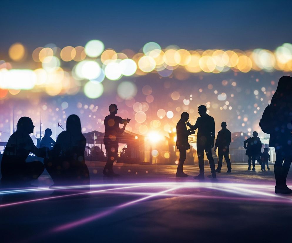 Przedstawia sylwetki ludzi na tle rozmytych świateł miasta. Na pierwszym planie widoczne są fioletowe i niebieskie linie świetlne, krzyżujące się na ciemnej powierzchni. Sylwetki dorosłych i dzieci są czarne, kontrastując z jasnym, bokehowym tłem w odcieniach pomarańczowego, żółtego i białego. Wśród postaci znajdują się osoby rozmawiające, jedna osoba grająca na skrzypcach oraz inni obserwujący otoczenie.