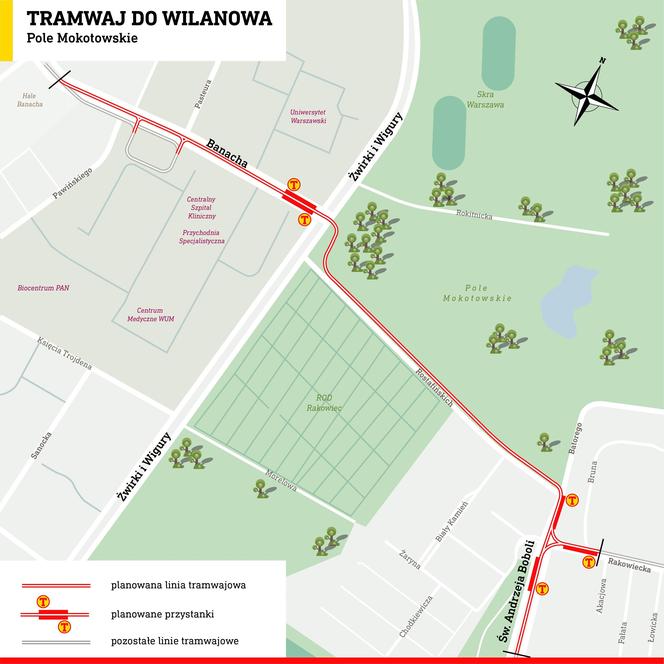 Tramwaj wzdłuż Pola Mokotowskiego w Warszawie, mapa
