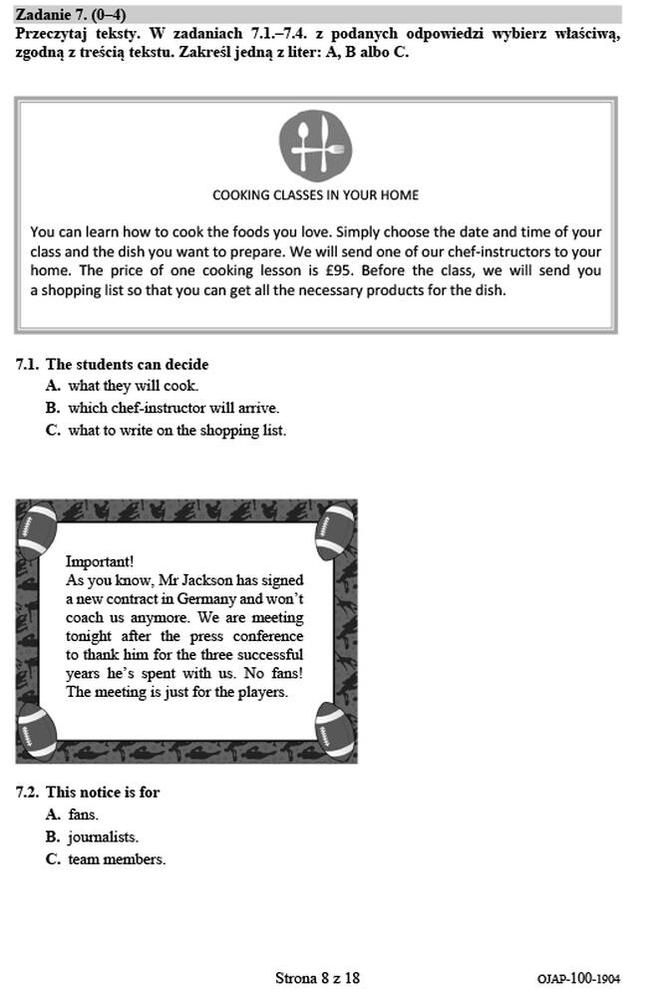 Egzamin ósmoklasisty 2019- język angielski arkusz