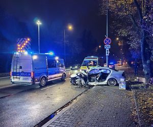 Potworny wypadek w Warszawie. BMW roztrzaskane o drzewo, kierowca zakleszczony