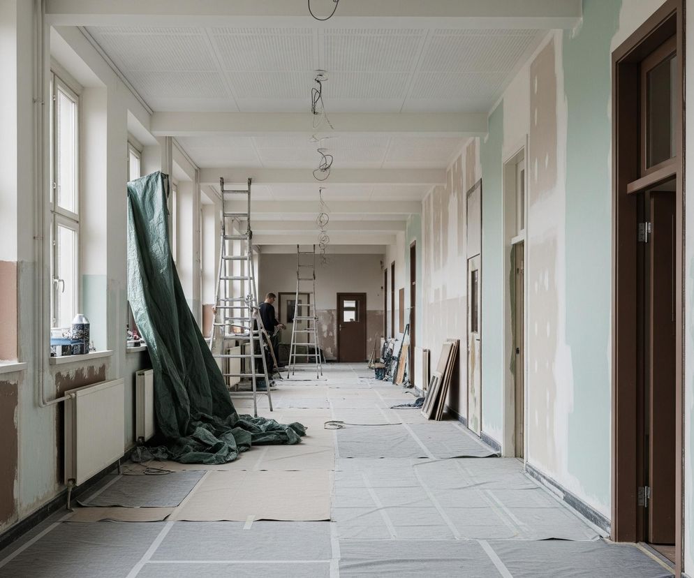Długi korytarz jest w trakcie remontu, z licznymi niedokończonymi ścianami pomalowanymi na jasnozielony i beżowy kolor oraz nieoszlifowanymi fragmentami białej szpachli. Podłoga jest pokryta szarymi i beżowymi plandekami, chroniącymi przed zabrudzeniami. Po lewej stronie wzdłuż ścian znajdują się wysokie, dwuskrzydłowe okna, przez które wpada światło dzienne. W korytarzu widoczny jest mężczyzna w ciemnym ubraniu stojący obok srebrnej drabiny. Na suficie podwieszonym widać szereg odsłoniętych kabli elektrycznych zwisających z otworów. Z prawej strony ściany znajdują się brązowe drzwi i pusta korkowa tablica ogłoszeń.