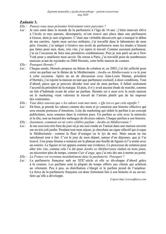 Matura 2020 AKUSZE CKE, transkrypcje: j. francuski p. rozszerzony, 3