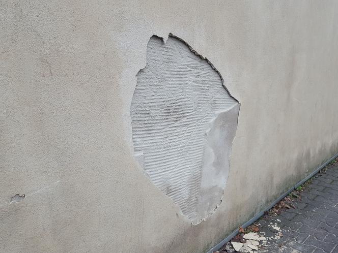 Z muru zabytkowego lapidarium w Lesznie znów odpada tynk