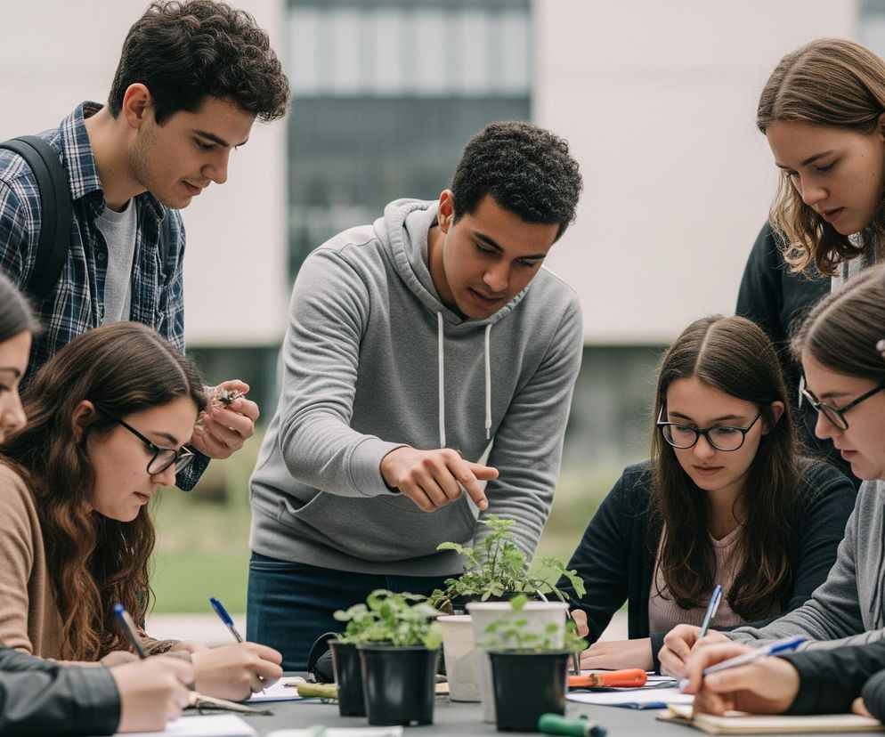 Grupa siedmiu młodych ludzi, prawdopodobnie studentów, stoi lub siedzi wokół szarego stołu na zewnątrz. Na stole rozmieszczone są doniczki z małymi, zielonymi roślinami oraz notatki i przybory do pisania. Jedna osoba w szarej bluzie z kapturem wskazuje palcem na jedną z roślin, podczas gdy inni pochylają się nad stołem, pisząc lub obserwując. Wszyscy wydają się skupieni na wspólnej aktywności edukacyjnej lub projektowej związanej z roślinami.