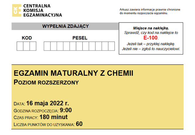 Matura rozszerzona 2022 chemia - arkusz PDF