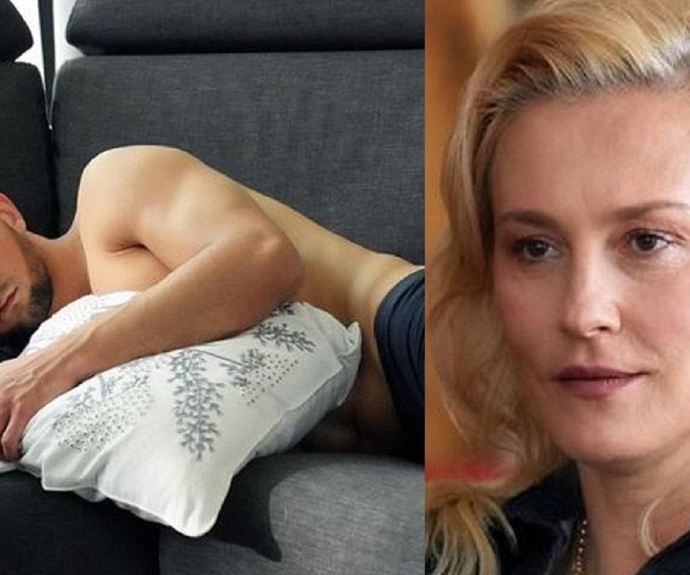 Mirek (Oliwier Kozłowski) śpiący na kanapie w ciemnych spodenkach i z białym poduszkami oraz Justyna Zytko (Sylwia Juszczak-Krawczyk) z blond włosami w zbliżeniu na twarz, w tle jasne pomieszczenie. Artykuł o tym, że Mirek spędził noc przed maturą u Justyny w serialu Barwy szczęścia znajdziesz na Super Seriale.